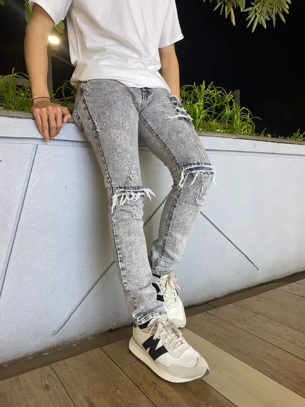 CELANA JEANS SOBEK SPRAY BIKER PRIA DENIM SETRET slim-fitting nyaman panjang  Soft Keren Slim Stretch Fit Slim Fit Ripped Melar Skinny 1