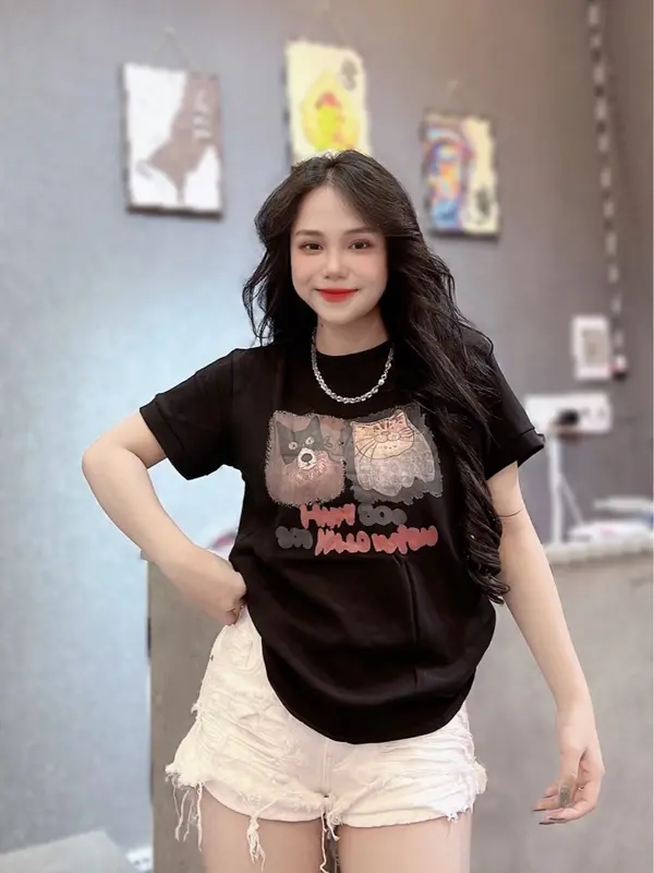 A028 - Áo Thun Nữ Cotton Thái Co Giãn Tôn Dáng, Mịn Mát, Thấm Hút Mồ Hôi, Phối Hình Nổi Dog & Cat Top Women 5