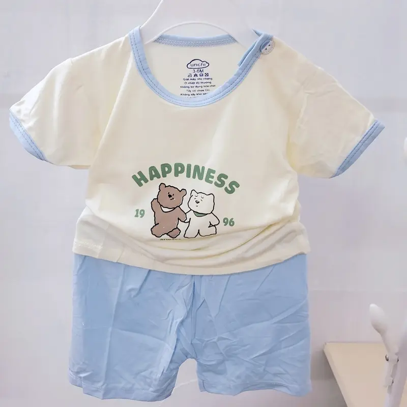 Unchi Bộ quần áo cộc tay mùa hè trẻ em cổ tròn chui đầu cúc vai in họa tiết vải thun lạnh mềm mát cho bé 6-13kg 6