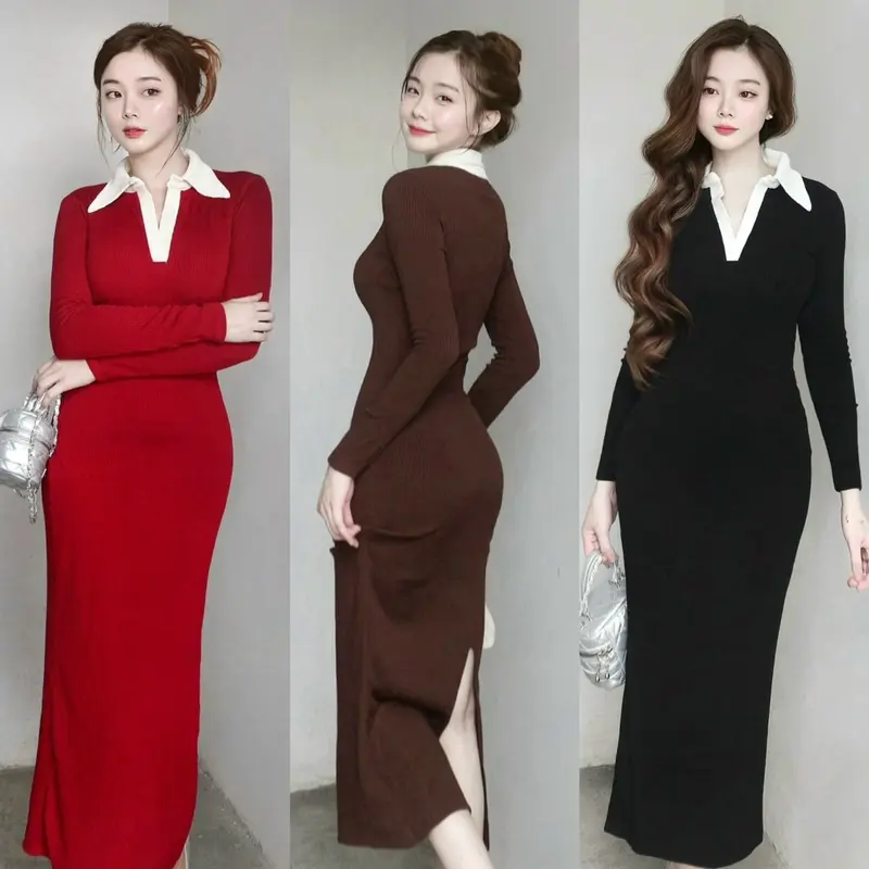 Đầm Nữ Cổ Trụ Phối Màu Tay Dài Chất Len Tăm Co Giãn KA11  Women 2