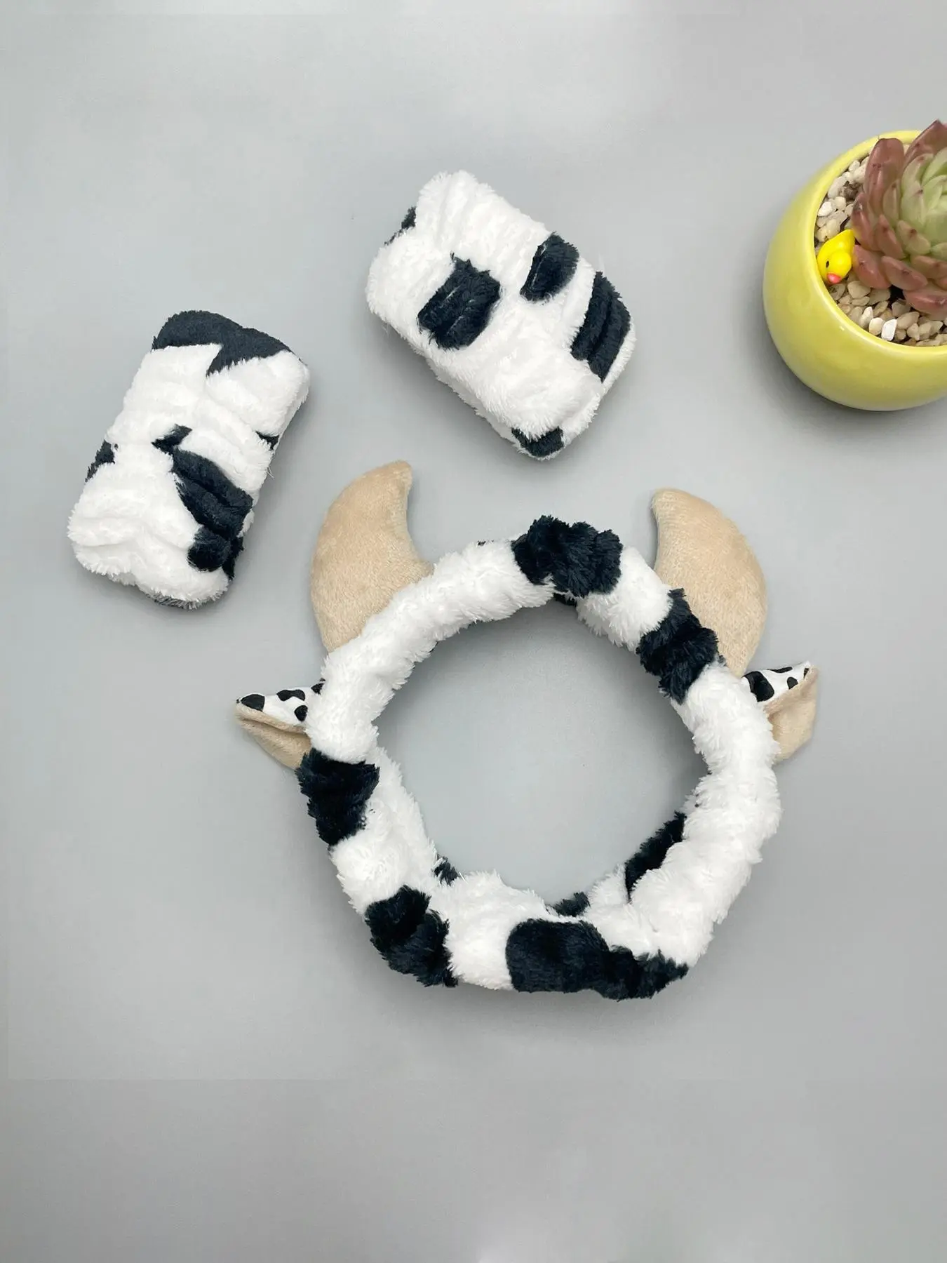Cute Cow Horn Design Hair Band & Wristband Set, Valentine's Day Gift, Soft Plush Headband & Wrist Strap, Moisture-proof Wash Face Accessories, Fashion Hair Accessories for Women & Girls