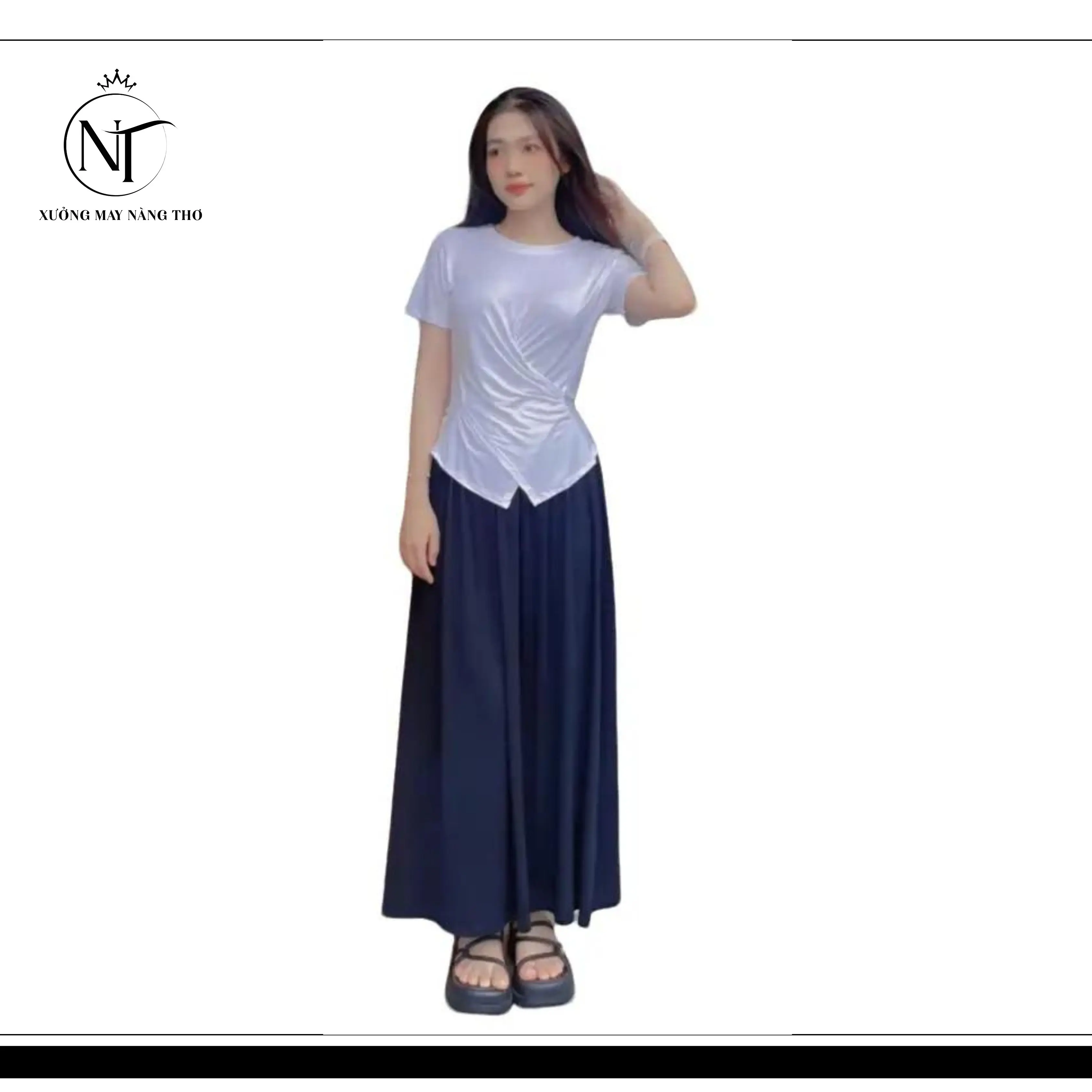 S771 [SALE] Bán Cả Set áo tà chéo + chân váy xòe dài chất coton Nữ Women