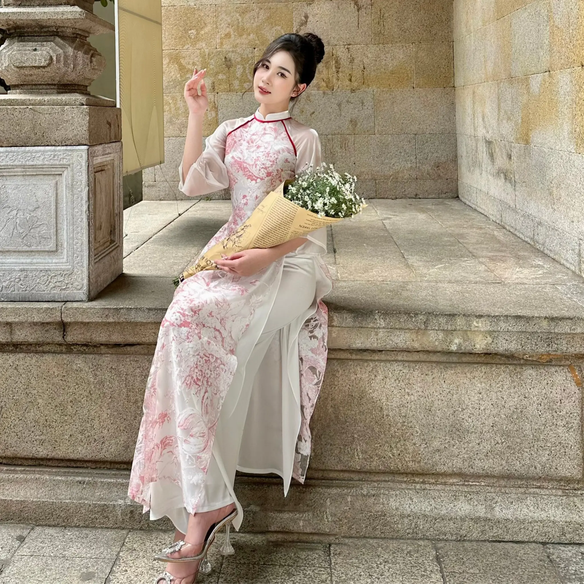 Áo Dài Cách Tân Hải Đường Lụa Tơ Voan Hình 4 Tà Cổ Cao, Quần Lưng Chun Nữ Women