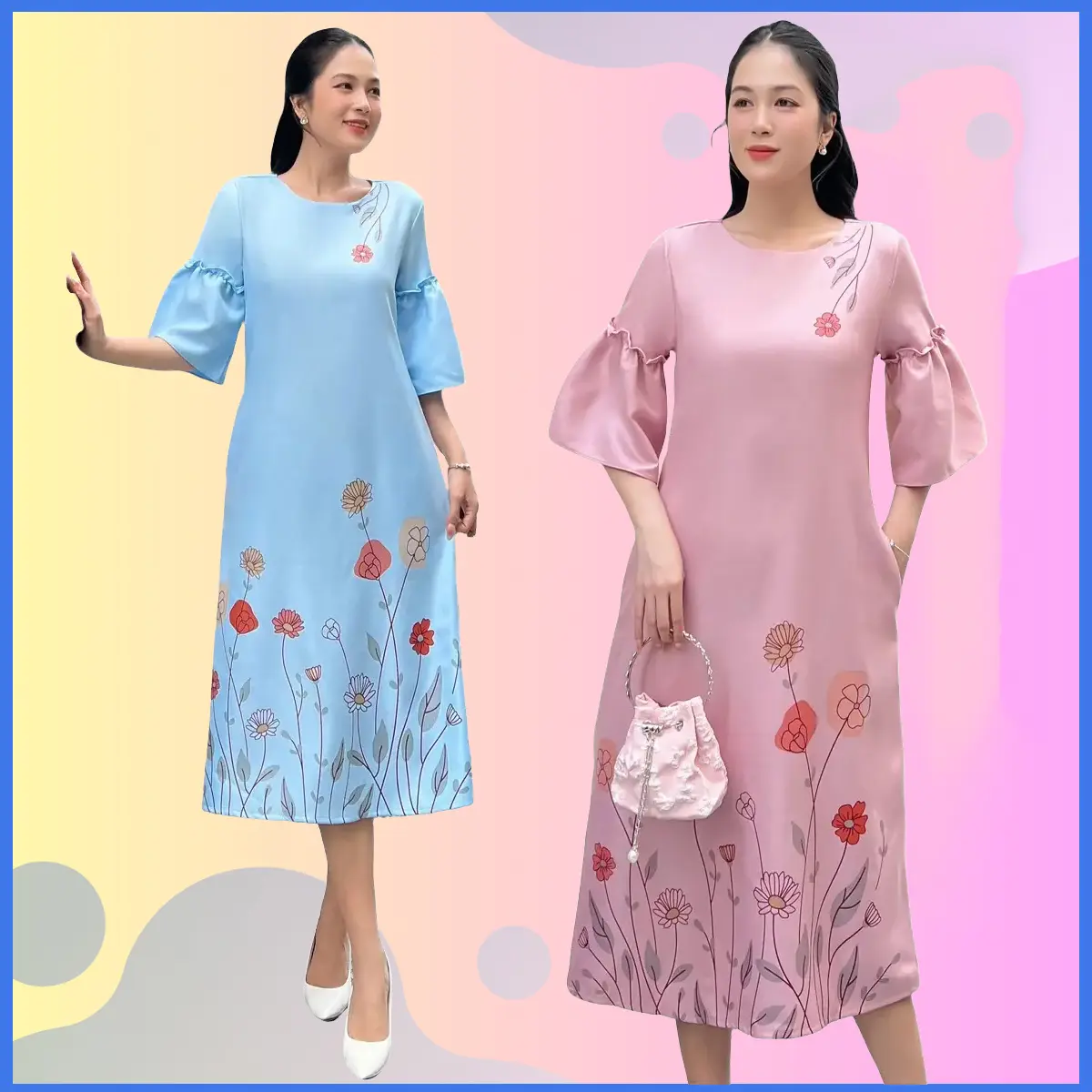 Lady Fashion- Đầm dáng suông tay bèo in hoa cho nữ thanh lịch MS109 Dress