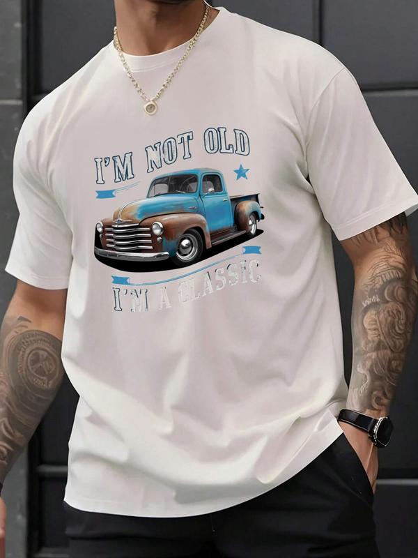 Men's Regular Fit Vintage Truck Print Round Neck Tee, Casual Short Sleeve T-shirt for Summer, Men's Top for Daily Wear, Tropical 4