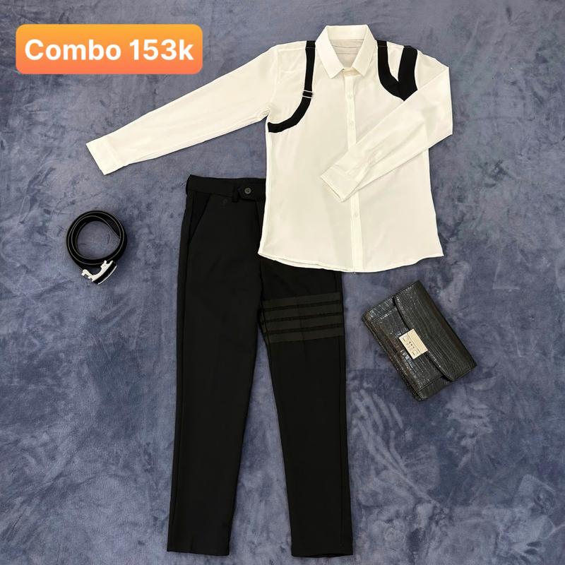 Quần Tây Âu 4 Xọc Đen + Áo Sơ Mi Dài Tay Phong Cách Boy Phố | Đủ Size Từ 30 Tới 75kg đổi trả thoải mái trong 15 ngày | Menswear