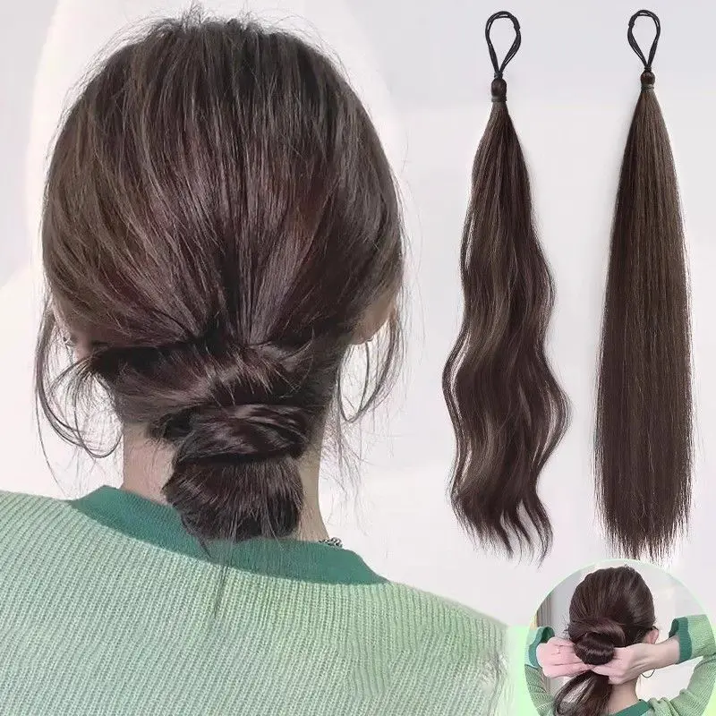 Long Wavy Braided Ponytail Headbands Women Synthetic Wigs With Rubber Bands Curly Straight Ponytail Extensions Elastic Hair Ring