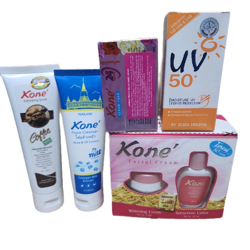 Combo (5 Món) Dưỡng Trắng Da Kem Kone Gồm( Bộ Kem Kone, Serum Trắng Da, Sữa Mặt Milk Bò, Chống Nắng Thái, Tẩy Da Chết Kone ) Skincare