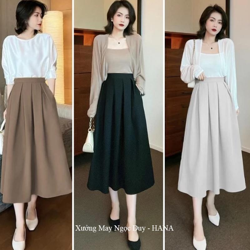 Chân váy xòe CÓ TÚI dài qua đầu đối khóa sườn hông dáng chân váy xếp ly to công sở tiệc hẹn hò lưng cao vải mềm nữ mùa đông thu hè