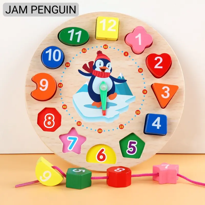 Mainan Edukasi Anak Basic Shape Kayu Balok Geometri Puzzle 3D Montessori Sensory Xylophone Jam Angka 0