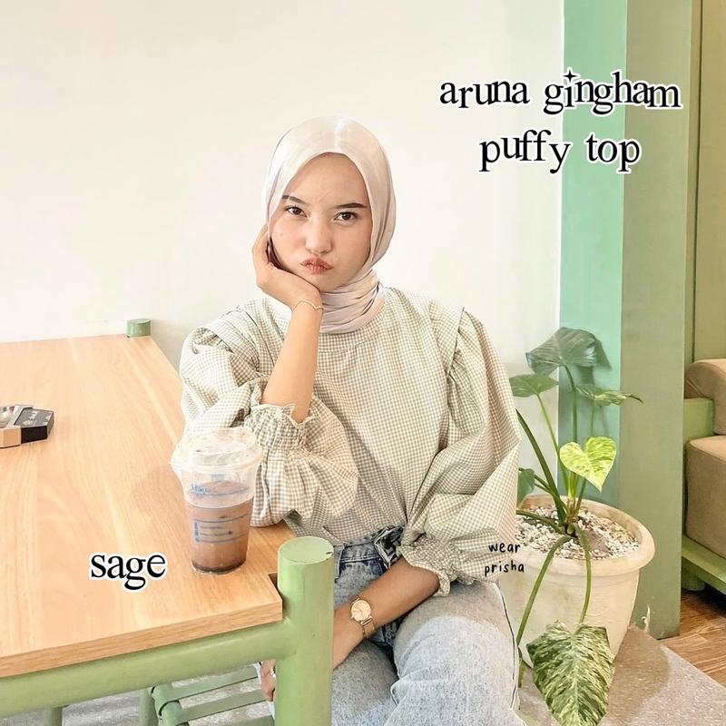 [WEAR PRISHA] ARUNA GINGHAM TOP PUFFY BLOUSE | ATASAN MOTIF TARTAN KOTAK BLUS KATUN LENGAN BALON Katun Baju Wanita Panjang 4