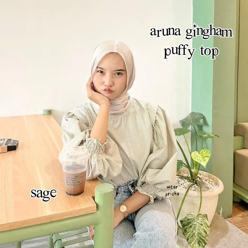 [WEAR PRISHA] ARUNA GINGHAM TOP PUFFY BLOUSE | ATASAN MOTIF TARTAN KOTAK BLUS KATUN LENGAN BALON Katun Baju Wanita Panjang 3
