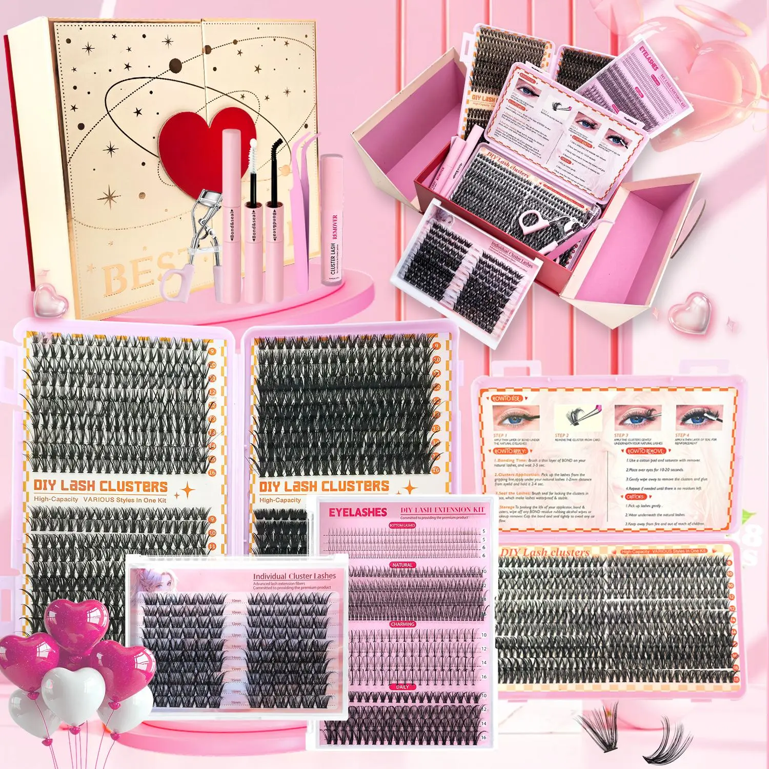 Eyelash Extensions Kit, 4 Boxes Mixed Length Individual False Eyelashes with Glue & Tweezers & Lashes Remover & Brush, Professional Eye Enhancement Tools