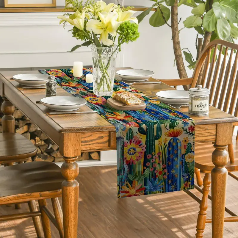 Cactus & Flower Pattern Table Runner, Colorful Table Runner, Decorative Tablecloth for Home Kitchen Dining Room, Party Decor Supplies 2