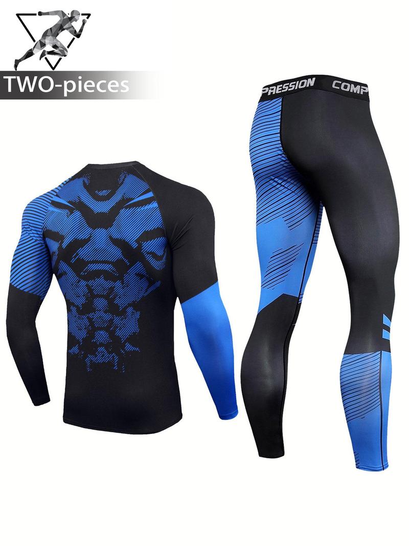 Product Introduction of Men's Patchwork Camo Print Compression Tee & Leggings Tracksuit Set, Breathable Comfortable Long Sleeve Round Neck Top & Pants, Men's Sportswear Set for Gym Workout 5