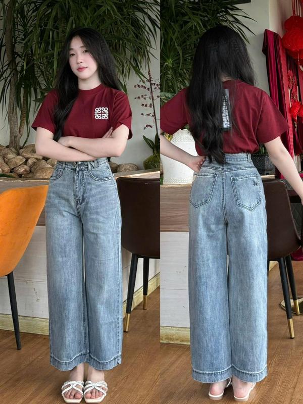Quần bò nữ ống rộng thêu nơ nhỏ túi sau, chất vải mềm mại không co giãn ống suông Women's Jeans 4