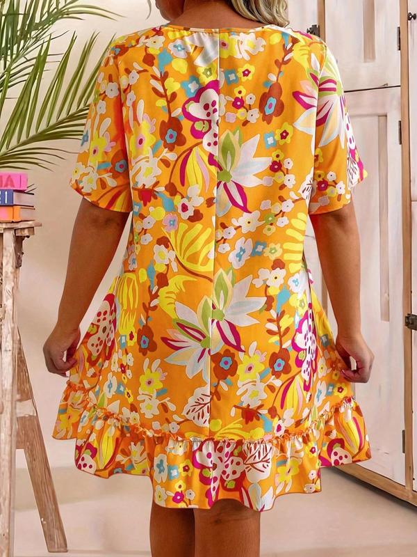 【Plus Size】All Over Print Ruffle Hem Dress, Casual Short Sleeve Round Neck Dress for Summer, Women's Plus Clothing for Daily Wear, Holiday Dresses 1