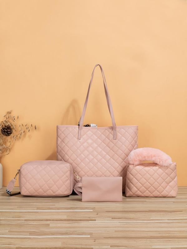 Summer 2025 Rhombus Quilted Lux Bag Set, Travel Essentials for Women,  Gifts for Girlfriend, Scarf Bow Decor Shoulder Bag & Crossbody Bag & Cute Plush Handbags & Wristlet Wallet & Crossbody Bag, Work Bag 3