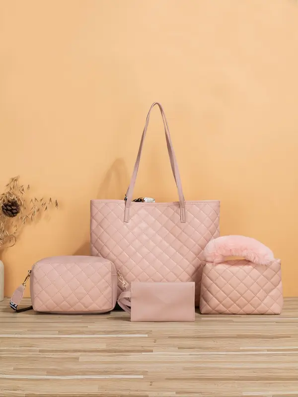 Summer 2025 Rhombus Quilted Lux Bag Set, Travel Essentials for Women,  Gifts for Girlfriend, Scarf Bow Decor Shoulder Bag & Crossbody Bag & Cute Plush Handbags & Wristlet Wallet & Crossbody Bag, Work Bag 3