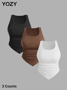 YOZY-GOOO 3 Counts Plain Tank Top/ Casual Scoop Neck Ruched High Low Ribbed Sleeveless Top, 2024 Women's Daily Wear for Summer