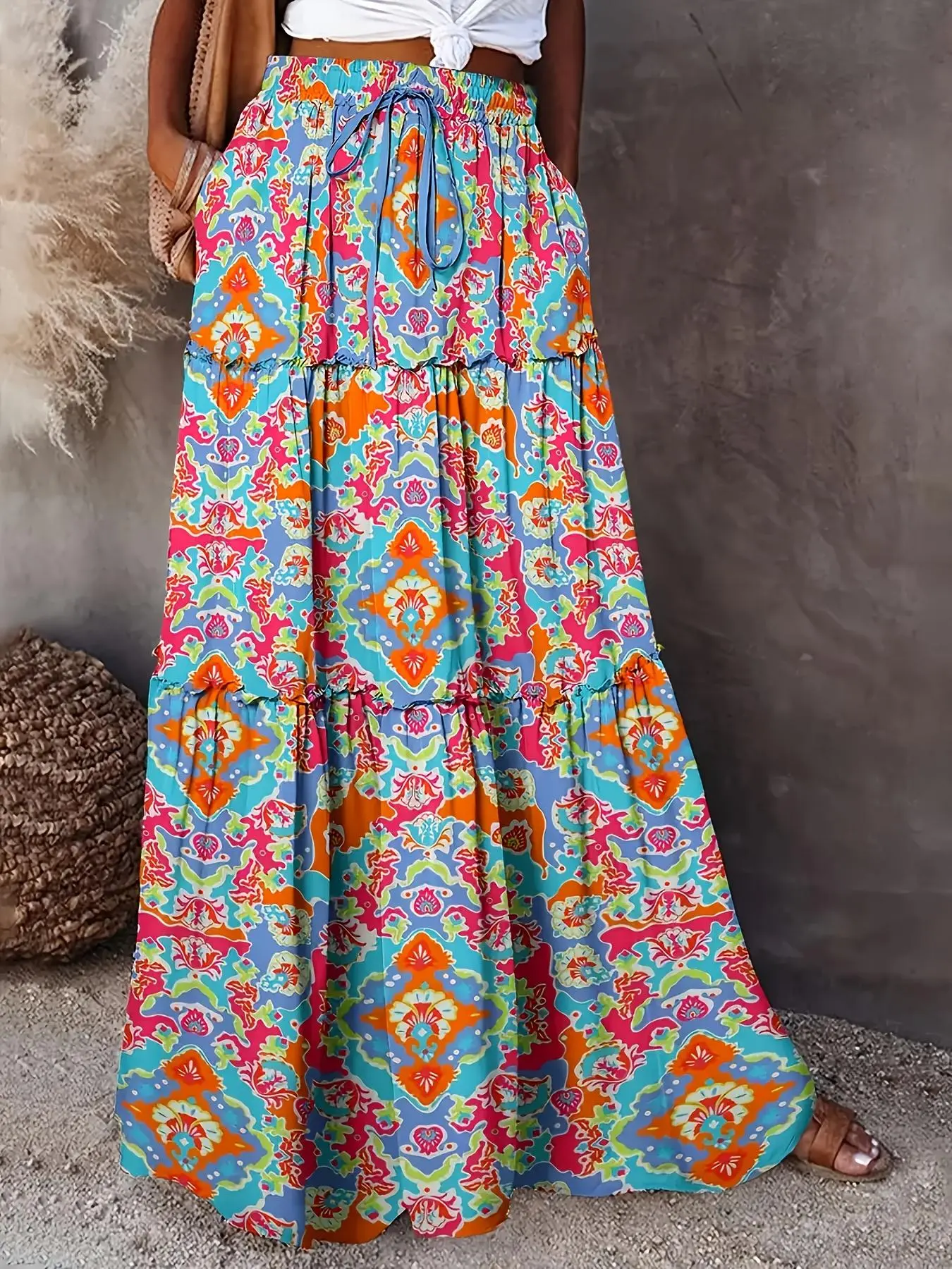 Women's All Over Print Skirt, Boho Fashion Casual A Line Maxi Skirt for Daily Holiday Vacation Wear, Ladies Bottoms for Summer, Womenswear