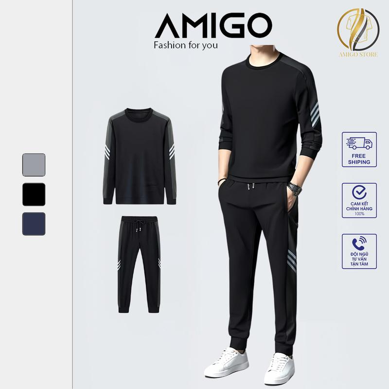 Bộ Quần Áo Nam thu đông das dài tay chất Poly dày dặn mặc nhà dạo phố AMIGO STORE Menswear