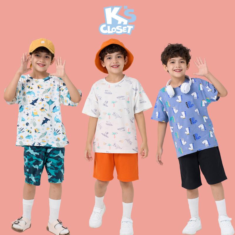 K's Closet - Bộ Quần Áo Cộc Tay Chất Liệu Vải Cotton Nhiều Hình In Cho Bé Trai (2-12 tuổi) từ 12kg - 50kg E021FOS