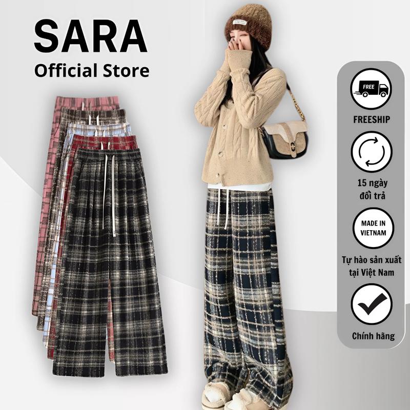 [SARA] Quần Dạ Lông Bông Kẻ Caro Dây Chữ X To Unisex Ống Rộng Nam Nữ Dày Dặn Chất Vải Đẹp Ong Women Pants  mã: TD056
