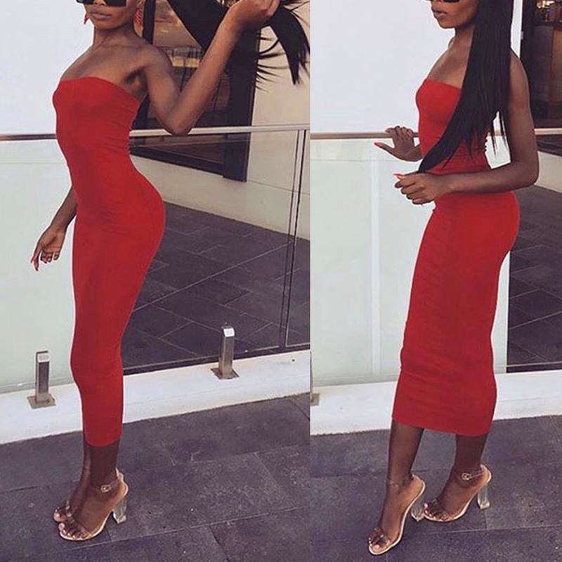 Fw.Q-Evening Party Night Club Sexy Women Solid Color Strapless Bodycon Long Dress 8