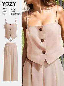 YOZY Women's Solid Backless Crop Cami Top & Plicated Wide Leg Pants Two-Piece Set, Casual Adjustable Strap Button Front Top & Zipper Trousers for Daily Wear, Ladies Two-piece Outfits for All Seasons