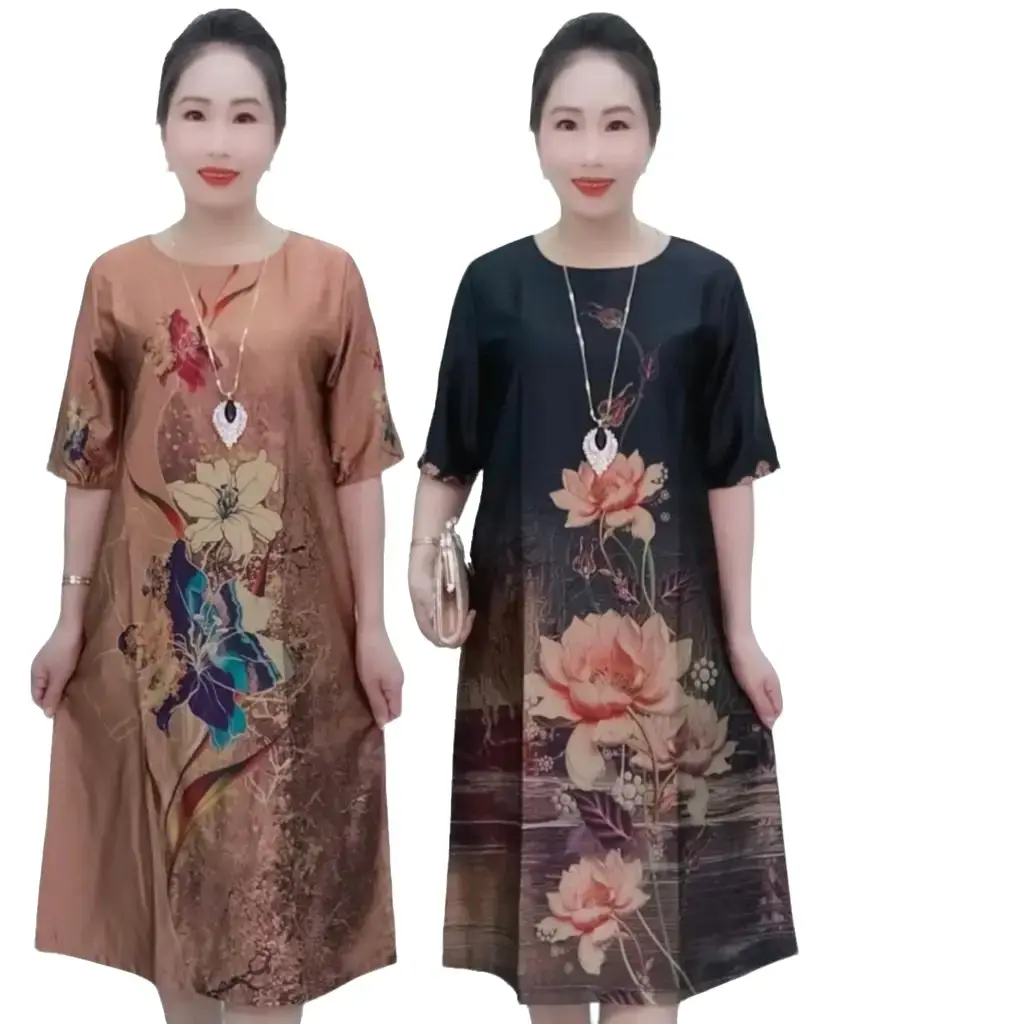 Đầm suông VH009 Được thiết kế fom dáng ,kết hợp với vải lụa thượng uyển in hoa 3D sang chảnh lịch sự, Dành cho tuổi trung niên Váy chữ A Có hoa Nữ Dress Voi Voan Women lụa