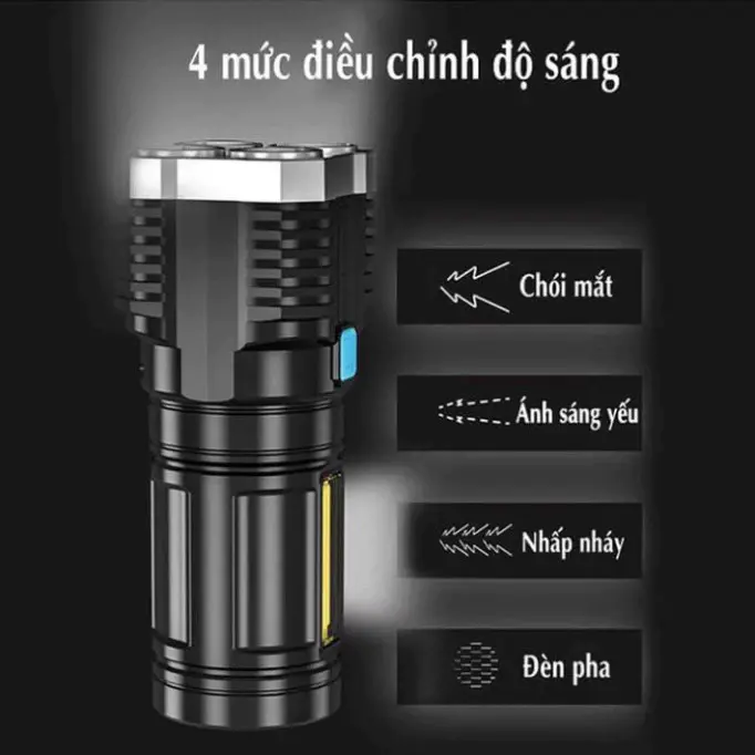 Đèn Pin Cầm Tay Siêu Sáng Chiếu Xa 200M 4 Chế Độ Sáng Chống Thấm Nước Có COB Led hông 3