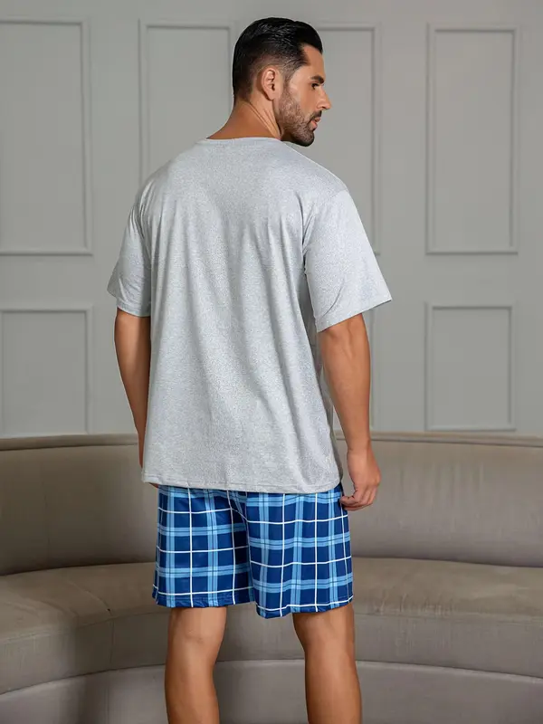 Men's Plaid Print Pocket Tee & Shorts Pajama Set, Casual Comfy Short Sleeve T-shirt & Shorts, Men's Sleepwear for Summer 1
