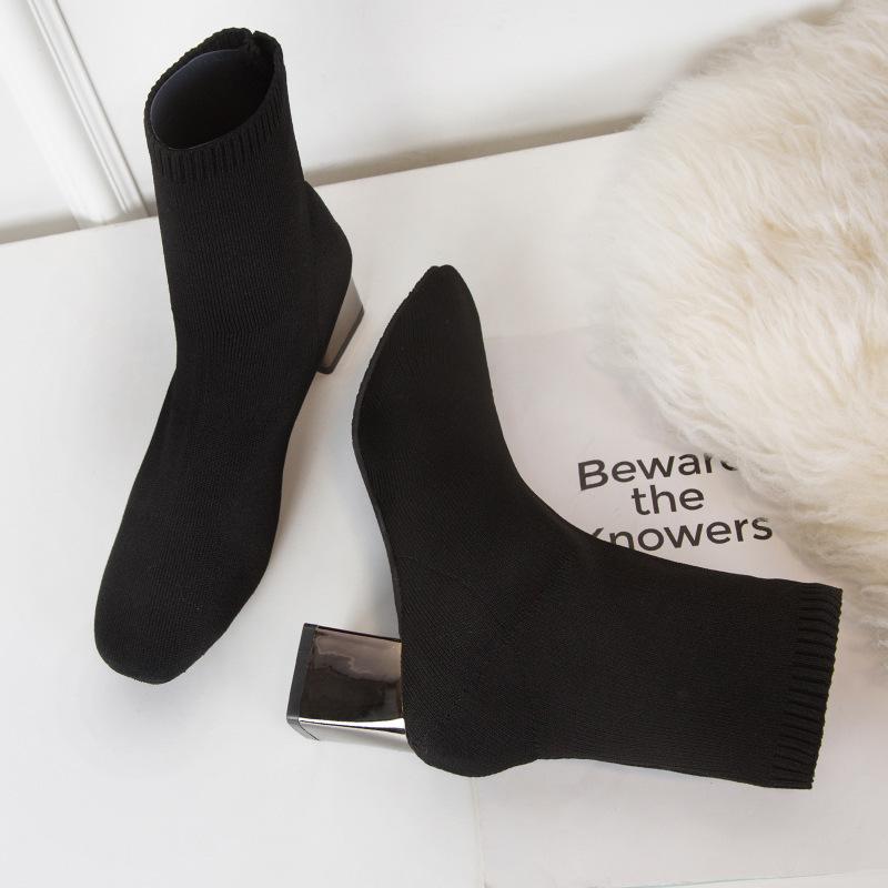 Women's Boots 2023 Autumn and Winter Women's Shoes All-Match Elastic Booties Women's Chunky Heel Pointed Net Hongfei Woven Boots Women's Wholesale 3