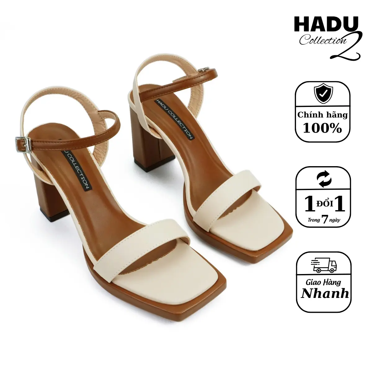 Giày Sandal Cao Gót 9P Đế Vuông Quai Ngang Phối Màu HADU M7140 Da PU Cao Cấp BH 12T Nữ DéP Shoes