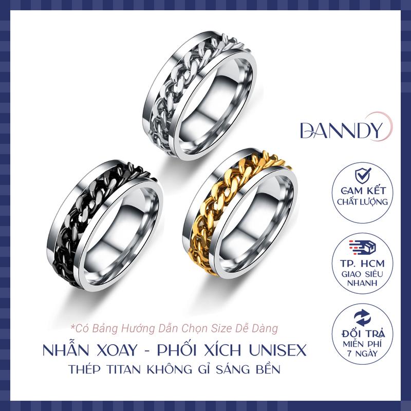 Nhẫn Titan Không Gỉ Nam Nữ. Nhẫn Xoay Phối Dây Xích. Nhẫn Nam Đẹp Màu Đen Bạc | Dandy Cao Su Móc Chìa Khoá