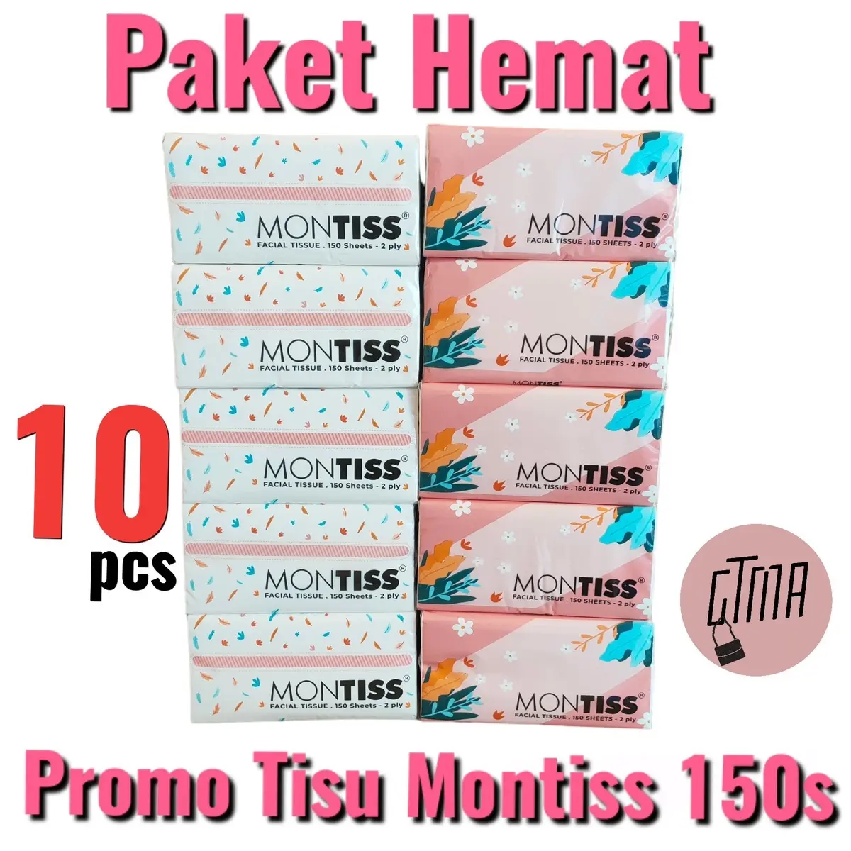 10 Pack Tissue MONTISS 150 Sheets 2 Ply Tisu