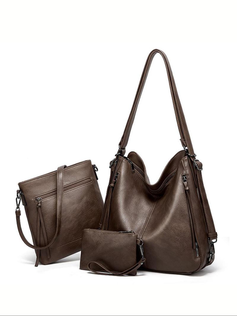 Product Introduction of Women's Fashionable Solid Color Tote Bag & & Shoulder Bag & Wallet Set, Casual Versatile Shoulder Bag Set for Daily Used, Trendy High-quality Daily Commuting Bag, Girl Shopping Bag 3