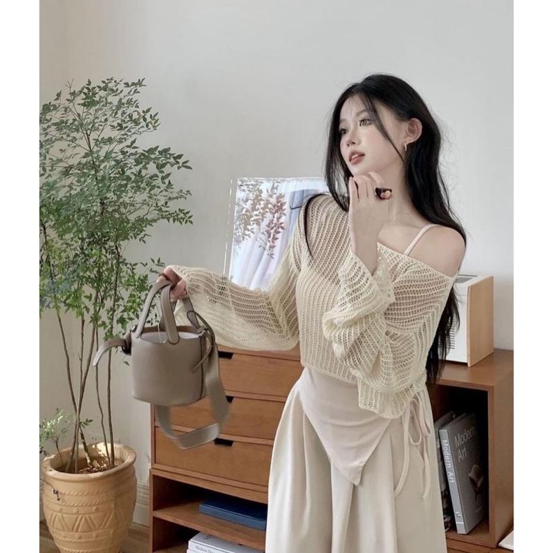 BIGSIZE HIẾU HIẾU (55-95KG) - Set thời trang nữ 3 món Áo ren lưới tay dài + Áo cổ yếm + Quần suông ống rộng màu trắng thoải mái