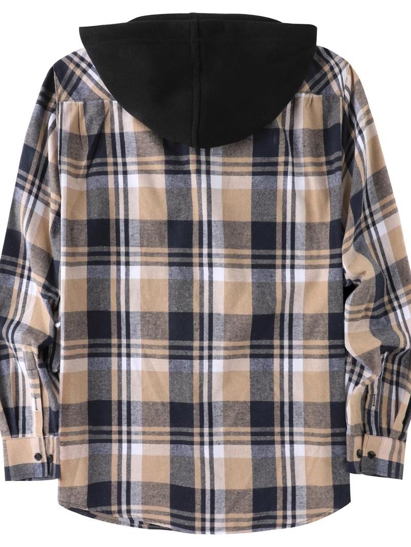 Product Introduction of 【Plus Size】 Plaid Print Button Front Hooded Shirt, Casual Regular Fit Long Sleeve Top for Daily Outdoor Wear, Men's Clothes for All Seasons 5