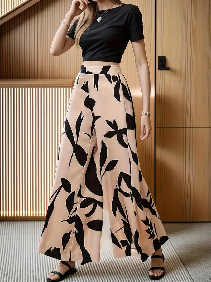 Product Introduction of Women's Leaf Print Elastic Waist Wide Leg Pants, Elegant High Waist Trousers for Summer, Women's Bottoms for Daily Wear 4