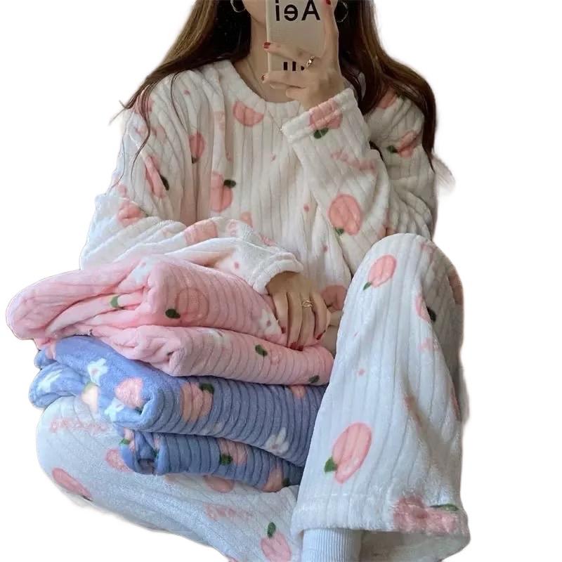 Giá Tốt Bộ nỉ bông nhung hoa quả cute mềm nhẹ Set bộ mặc nhà cho nữ mùa đông dobo tay đồ
