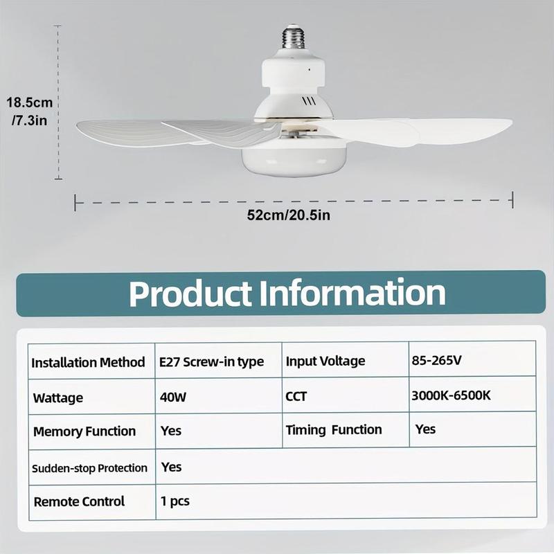 40W Small Screw-in Fan Light with Light & Remote, Stepless Dimming Wind Speed Adjustment Fan with Light Compatible with E26/E27 Socket Suitable for Bedrooms, Living Rooms, Study Rooms, Kitchens, Toilets, Room Decor 3