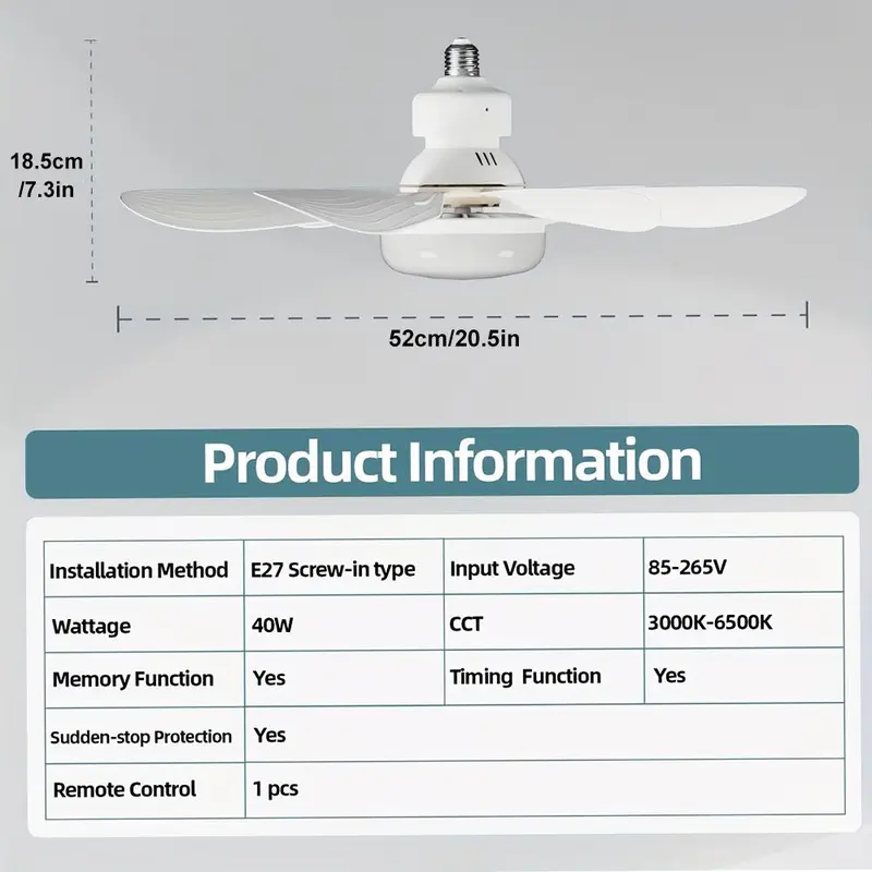 40W Small Screw-in Fan Light with Light & Remote, Stepless Dimming Wind Speed Adjustment Fan with Light Compatible with E26/E27 Socket Suitable for Bedrooms, Living Rooms, Study Rooms, Kitchens, Toilets, Room Decor 3