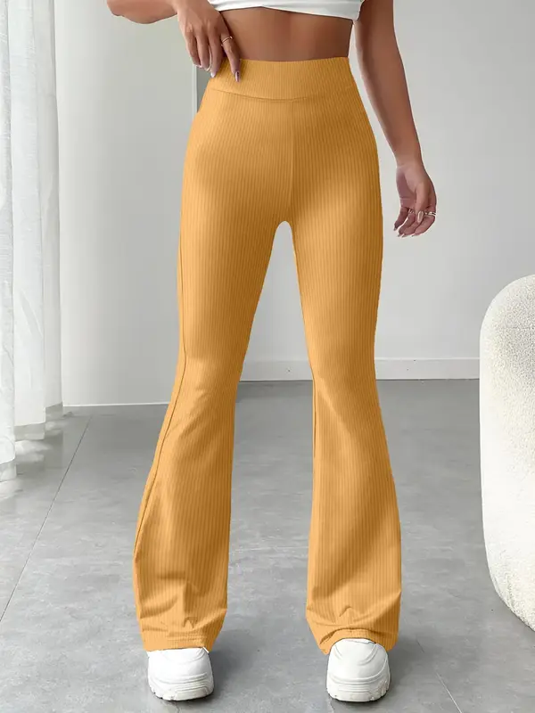 Women's Solid Ribbed Flare Leg Sports Pants, Casual Comfy High Waist Bell Bottom Trousers for Daily Wear, Ladies Bottoms Clothing for All Seasons 2