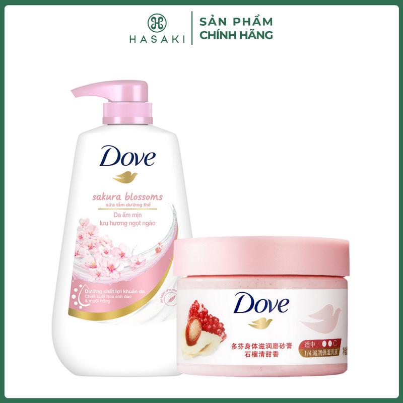 Combo Dove Sữa Tắm Dưỡng Thể Hương Anh Đào 500g + Smoothie Tẩy Da Chết Hương Lựu Đỏ 298g Sakura Blossoms + Moisturizing Body Scrub Pomegranate Fragrance | HASAKI BEAUTY