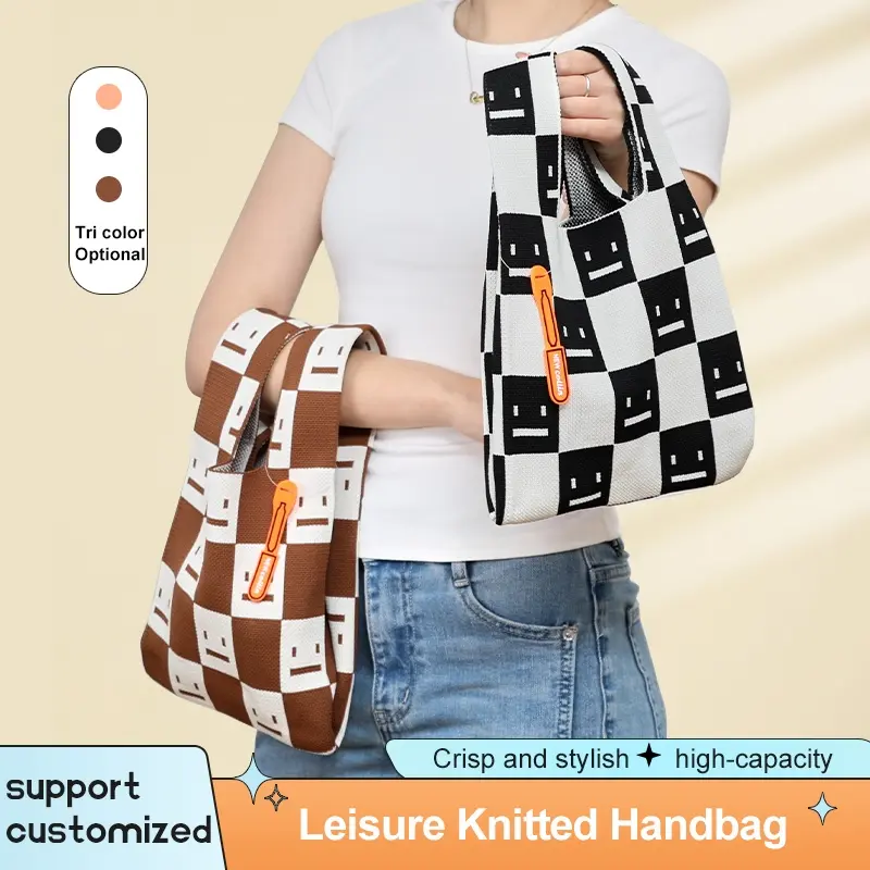 Knitted Tote Bag Premium Tas Rajut Wanita Buffalow Bag Bangkok Korean Hand Bag MOTIF SMILEY - T100 Pink Totebag