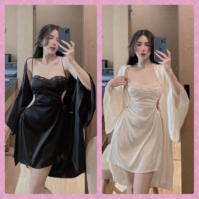 FREESIZE 40-58KG V1<90CM Set đầm ngủ nữ 2 dây kèm áo khoác ngoài chất liệu lụa latin dây rút hông xinh xắn Kem Women