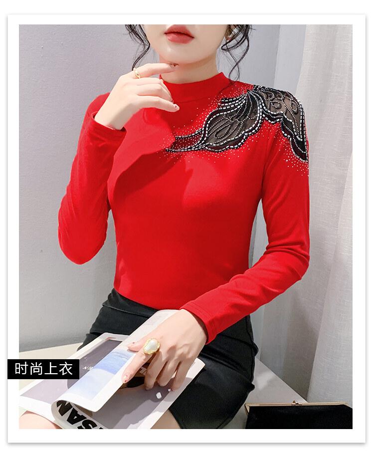 Product Introduction of Áo Sơ Mi Cơ Sở Cotton, Phong Cách Châu Âu, Dài Tay, Cổ Tròn, Thiết Kế khoét Ren Và Kim Cương Giả Màu Đỏ, Thời Trang, Thích Hợp Cho Mùa Xuân Và Mùa Hè, Áo Thun Nữ Đẹp, DL, Xu Hướng 2025 2