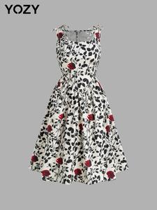 YOZY Women's Floral Print Zipper Back Tie Shoulder Dress, Casual Sleeveless A Line Dress for Summer, Ladies Clothes for Daily Wear